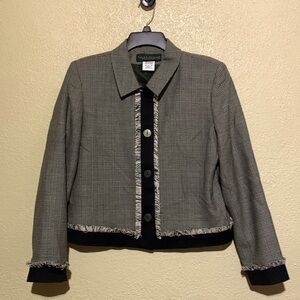 Harve Benard Blazer Short Jacket 12 Green Cream Fringe 100% Wool Long Sleeve